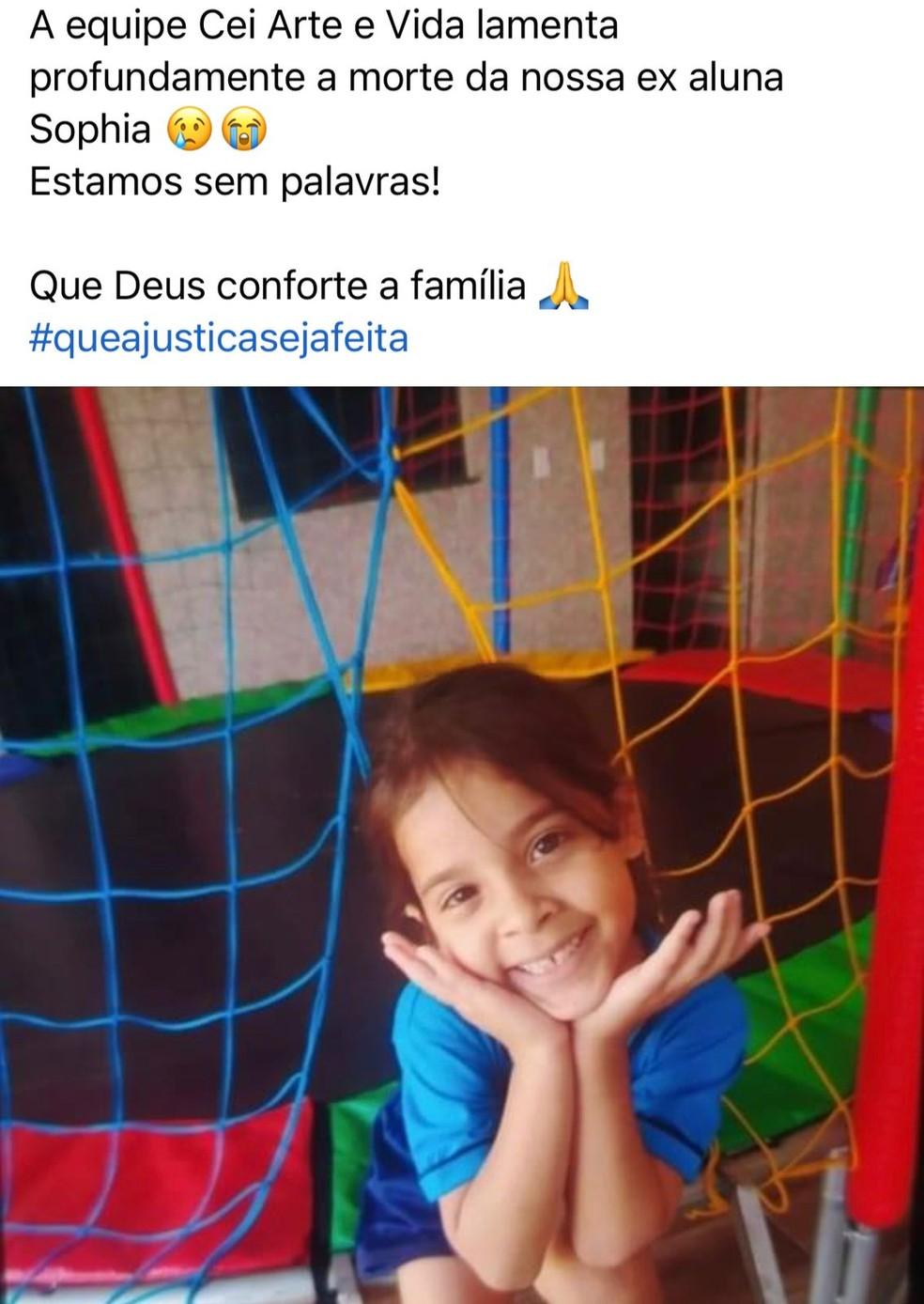 Escola lamentou a morte da menina nas redes sociais Foto Redes sociaisReproduo
