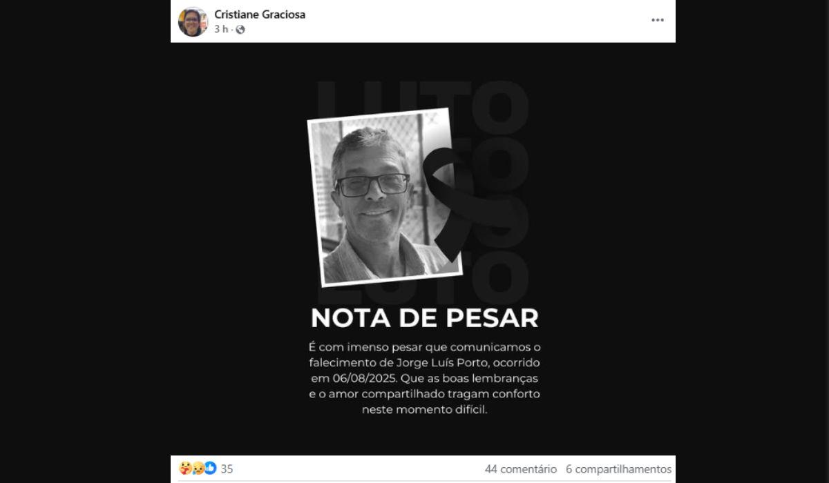 Esposa de Jorge Luis Porto compartilhou a notcia do bito nas redes sociais - ReproduoCristiane GraciosaFacebookND