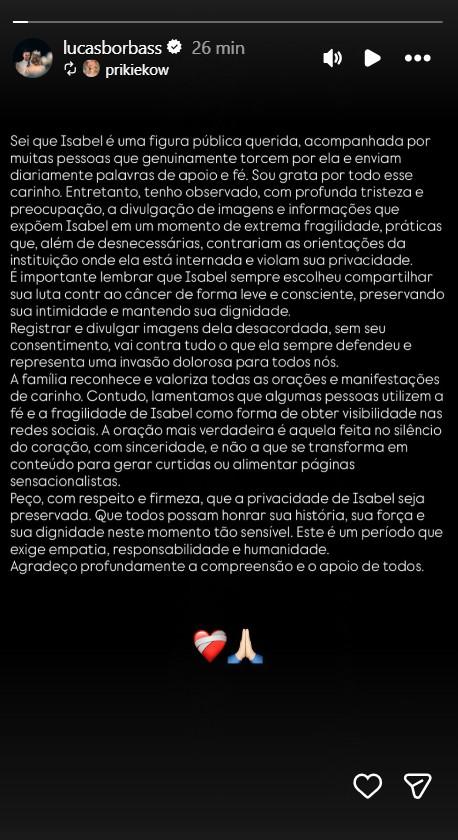 Famlia de Isabel Veloso pede respeito privacidade da jovem - Foto ReproduoInstagram lucasborbass