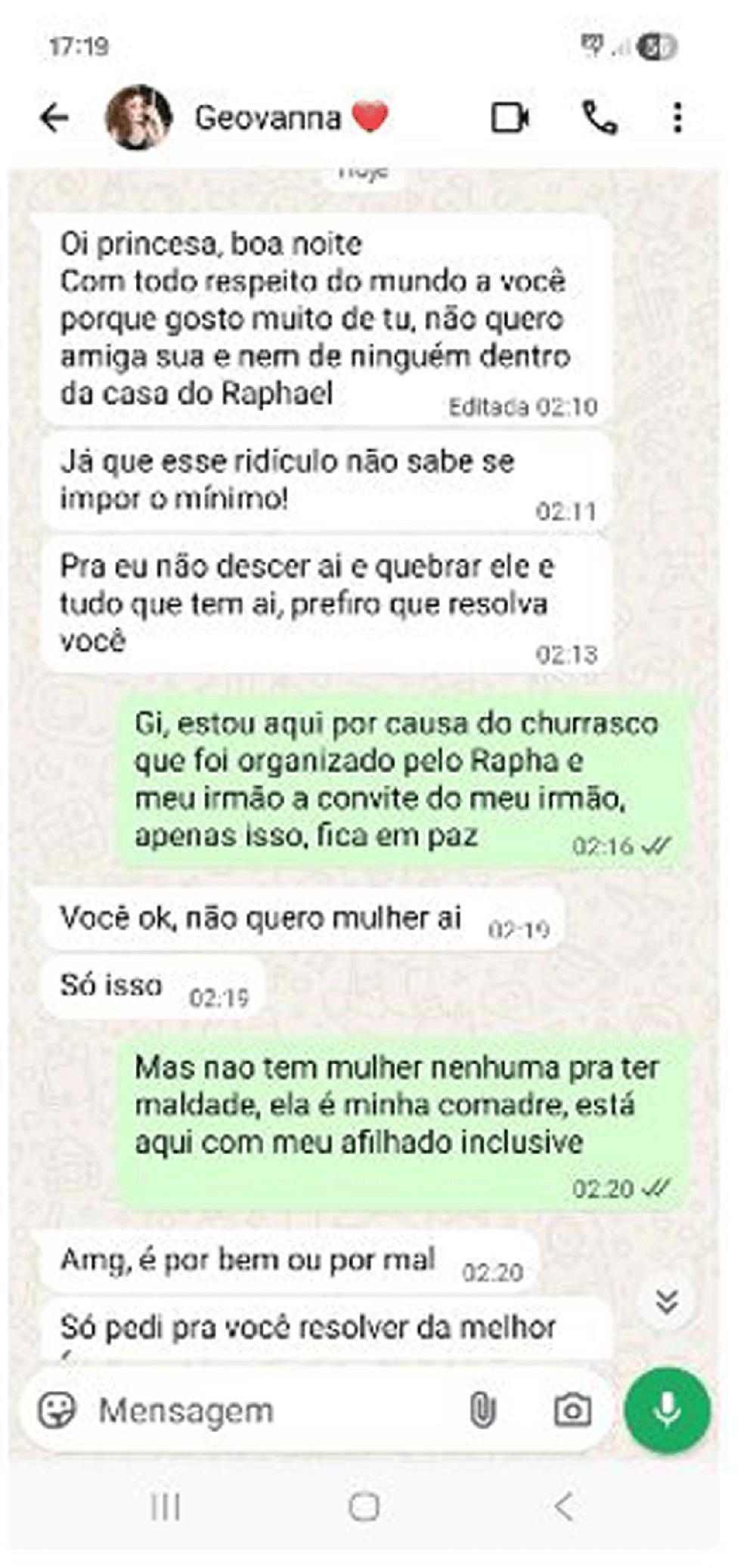 Geovanna mandou mensagens de WhatsApp para colega para ameaar namorado Foto ReproduoArquivo pessoal
