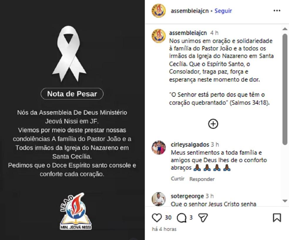 Assemblia de Deus Ministrio Jeov Nissi emitiu uma nota de pesar sobre a morte do pastor Foto Redes Sociais