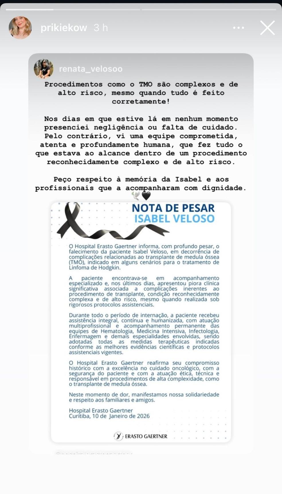 Image: https://thefolha.news/wp-content/uploads/2026/01/postiimg-6970110c56a9a8263.jpeg Irm de Isabel Veloso pede respeito aos profissionais de sade Foto ReproduoInstagram
