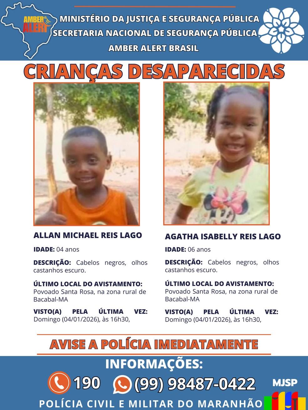 Informaes divulgadas de gatha Isabelly e Allan Michael no sistema Amber Alert do Ministrio da Justia Foto Reproduo