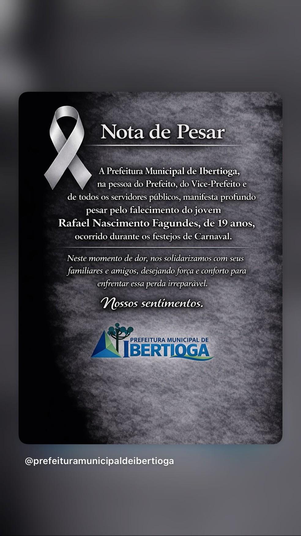Prefeitura de Ibertioga publicou nota de pesar pela morte do jovem durante os festejos de carnaval Foto Redes SociaisReproduo