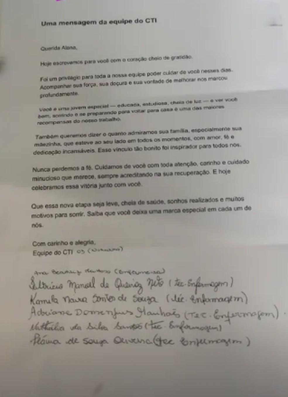 Image: https://thefolha.news/wp-content/uploads/2026/03/postiimg-69a8a60e0666c6508.png A equipe disse na carta que foi um privilgio poder cuidar de Alana Foto Reproduo