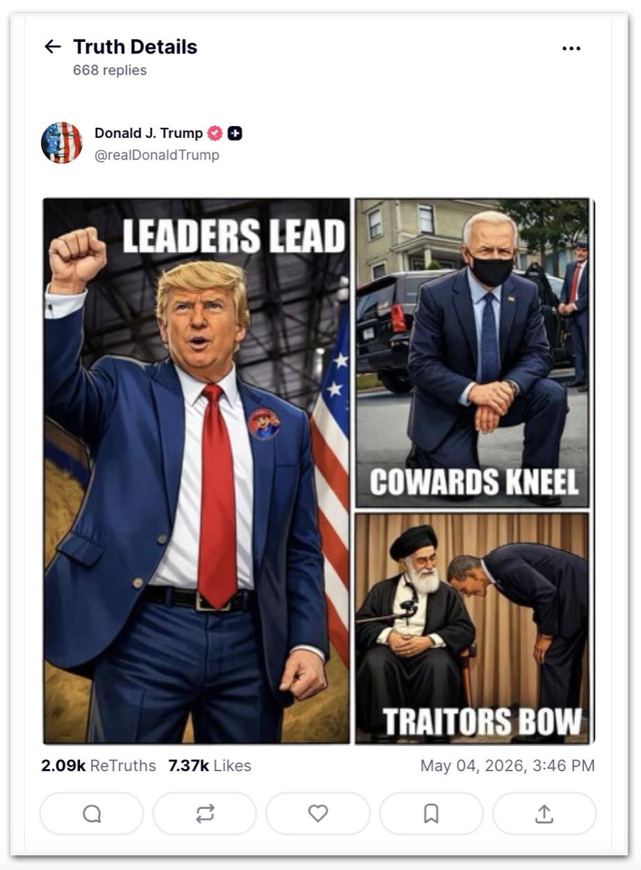 Image: https://thefolha.news/wp-content/uploads/2026/05/postiimg-69f9fea7d7ac11349.png Trump critica Biden e Obama em post no Truth Social