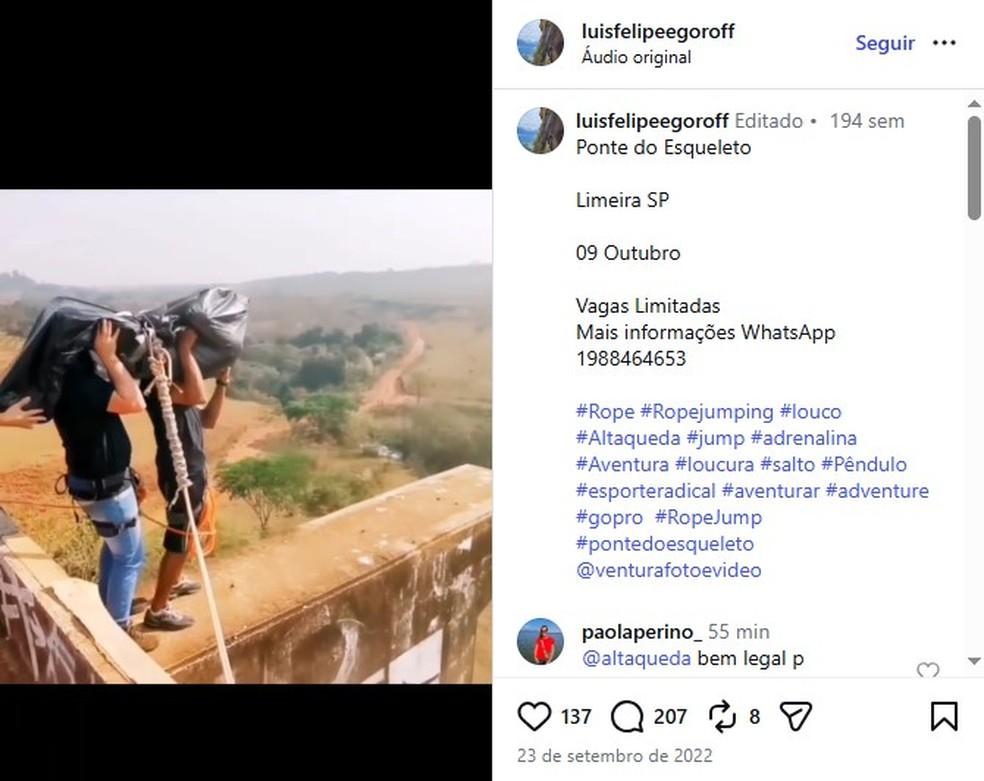 Instrutor envolvido em salto que matou jovem em Limeira fez piada sobre morte na mesma ponte anos antes Foto Reproduo Instagram