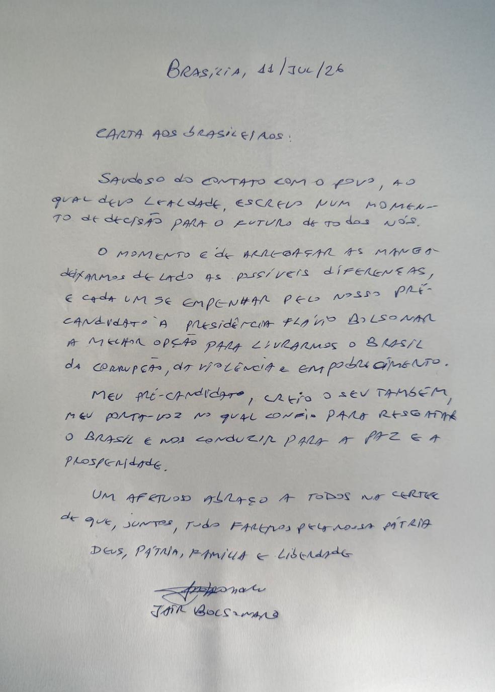 Image: https://thefolha.news/wp-content/uploads/2026/07/postiimg-6a5421fb8d23e4399.png Carta escrita pelo ex-presidente Jair Bolsonaro e lida pelo senador Flvio Bolsonaro neste sbado 11 Foto Divulgao